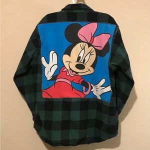 Custom Disney Vintage Minnie Mouse Print Patch Flannel Green Shacket Mens Medium